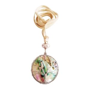 Abalone shell silver wire wrapped Tree of Life leather necklace